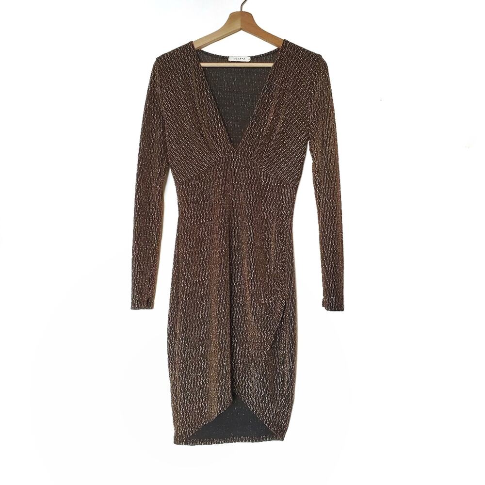 Papaya | Gold Metallic Thread Long Sleeve Dress